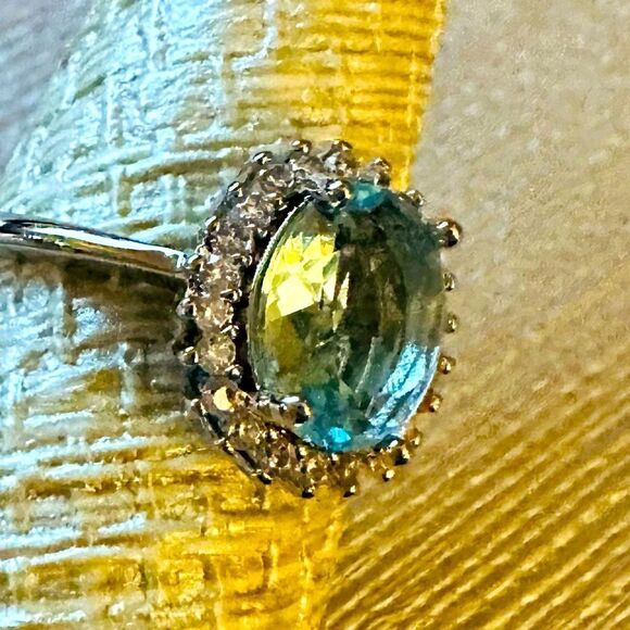 NATURAL AQUAMARINE 925 HALO RING LIGHT BLUE ROUND ART DECO STATEMENT RING - Picture 4 of 8